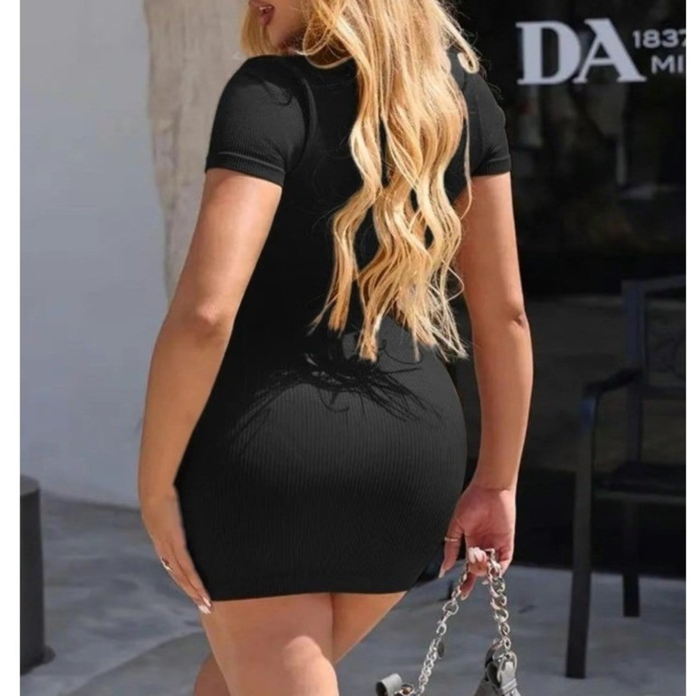 OQQ Black Ribbed Short Sleeve Zip Up Mock Neck Bodycon Mini Dress Compression S - Picture 4 of 12